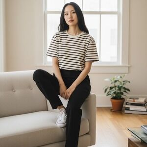 J Crew Slim Washed Striped TShirt Womens Large Cream Navy Short Sleeve Crew Neck